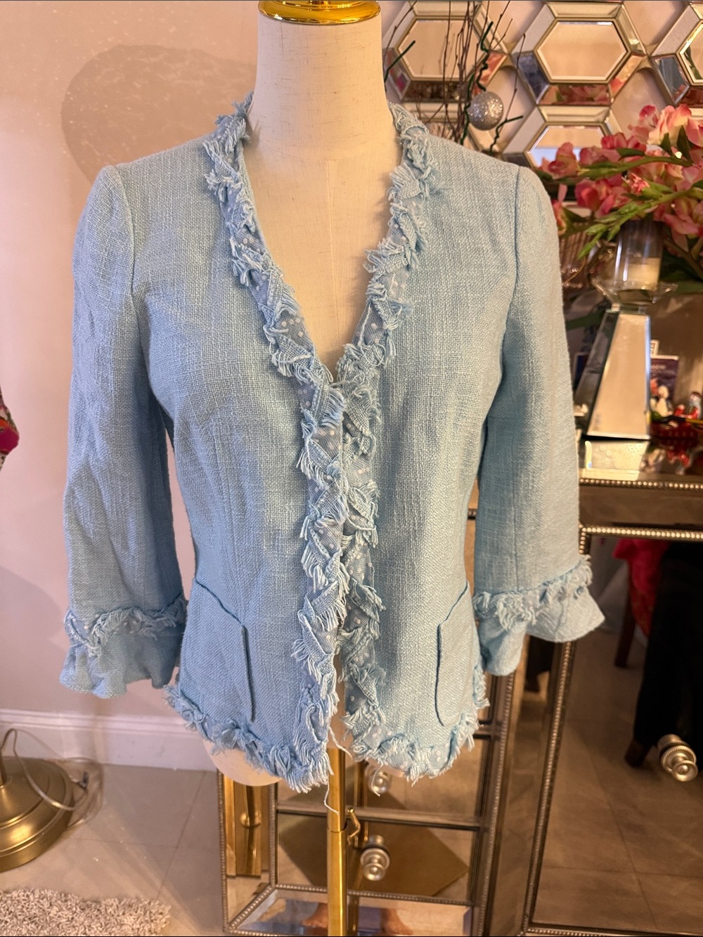 Teri Jon Light Blue Tweed Jacket with Satin Lining size 6 - Picture 2 of 7
